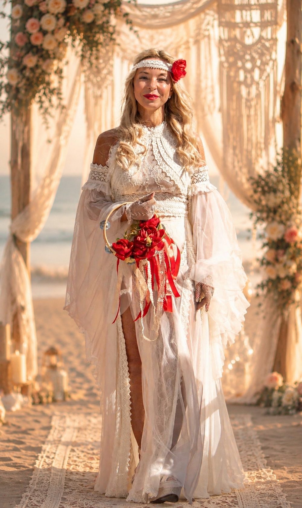 Bride in a boho lace dress with a red bouquet under a macramé arch on the beach
