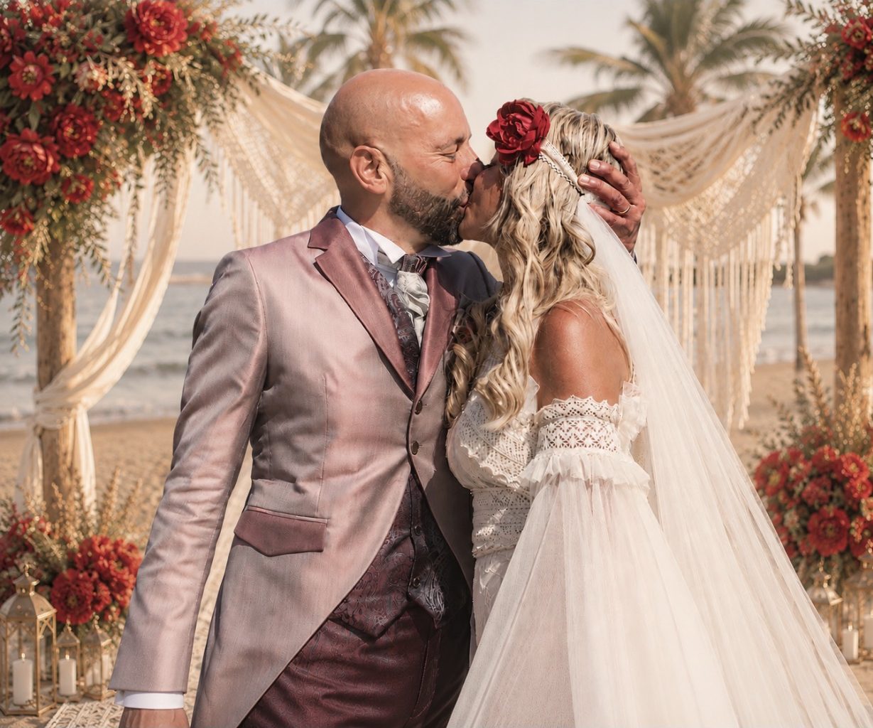 Bride and groom kissing under a floral arch on the beach